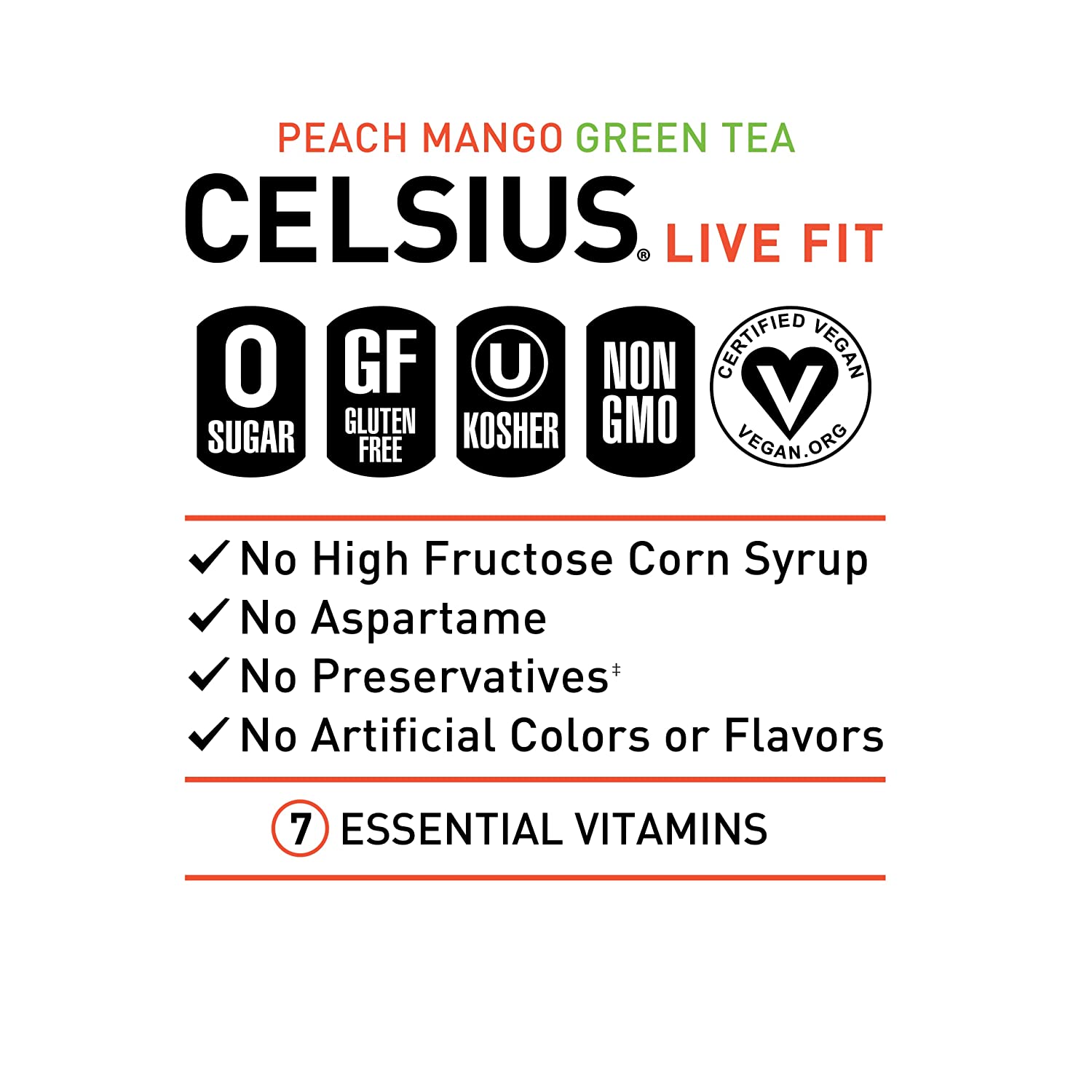 CELSIUS Peach Mango Green Tea, Functional Essential Energy Drink 12 Fl Oz (Pack of 12) - Image 3